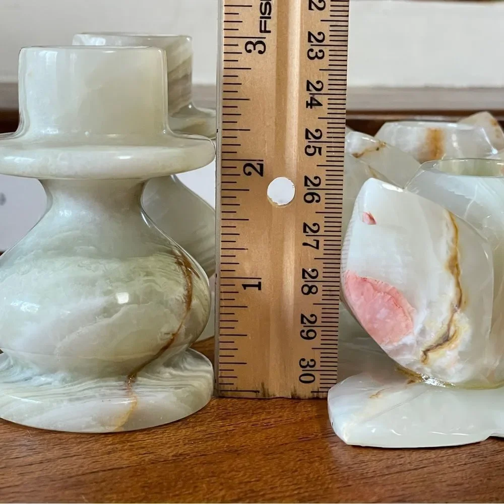 Vintage Set of 4 Elegant Onyx Candle Holders Green Cream Tan